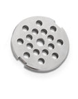 Metal grinder plate with circular holes on a white background