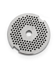 Metal grinder plate with perforated design on a white background