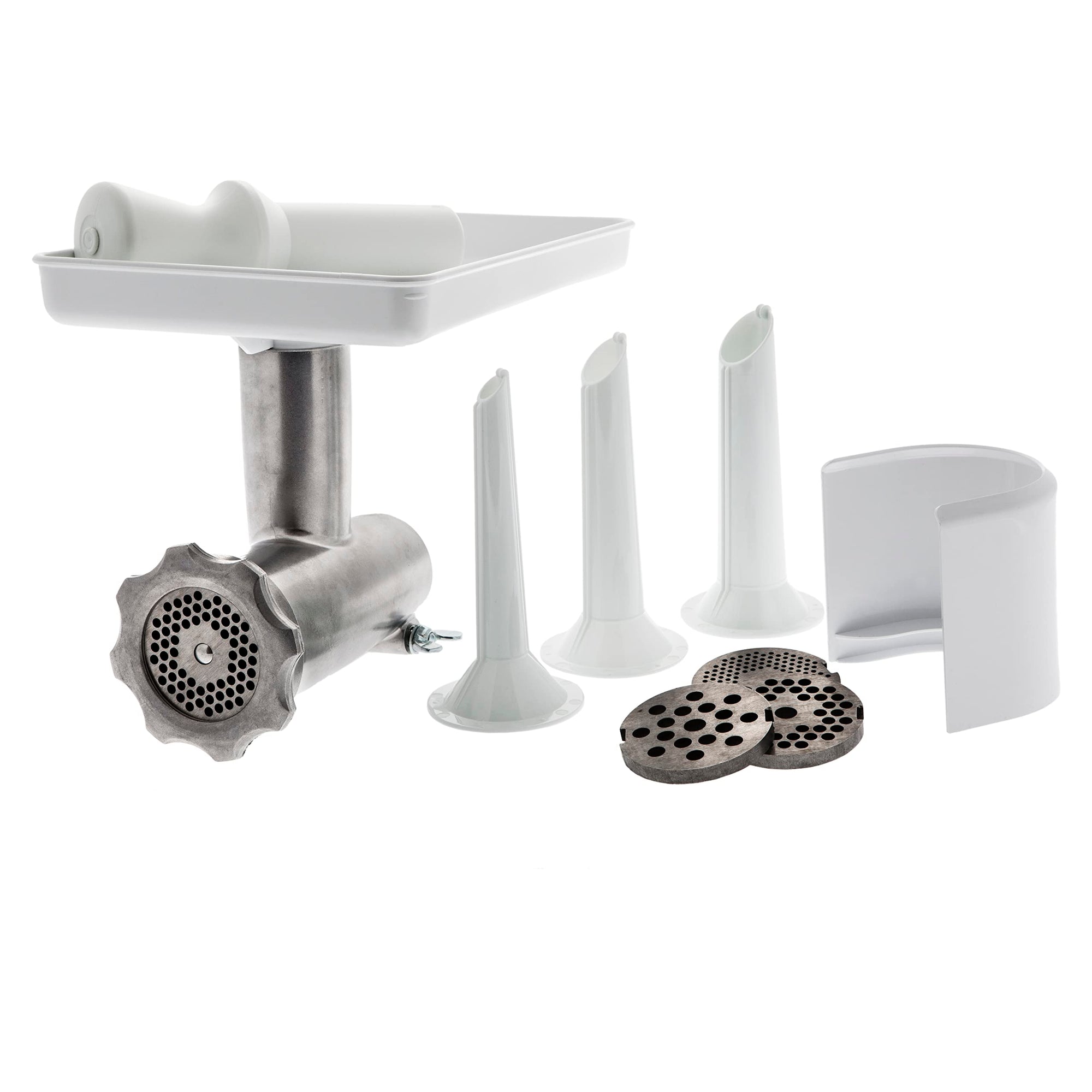 Meat grinder set with attachments on a white background