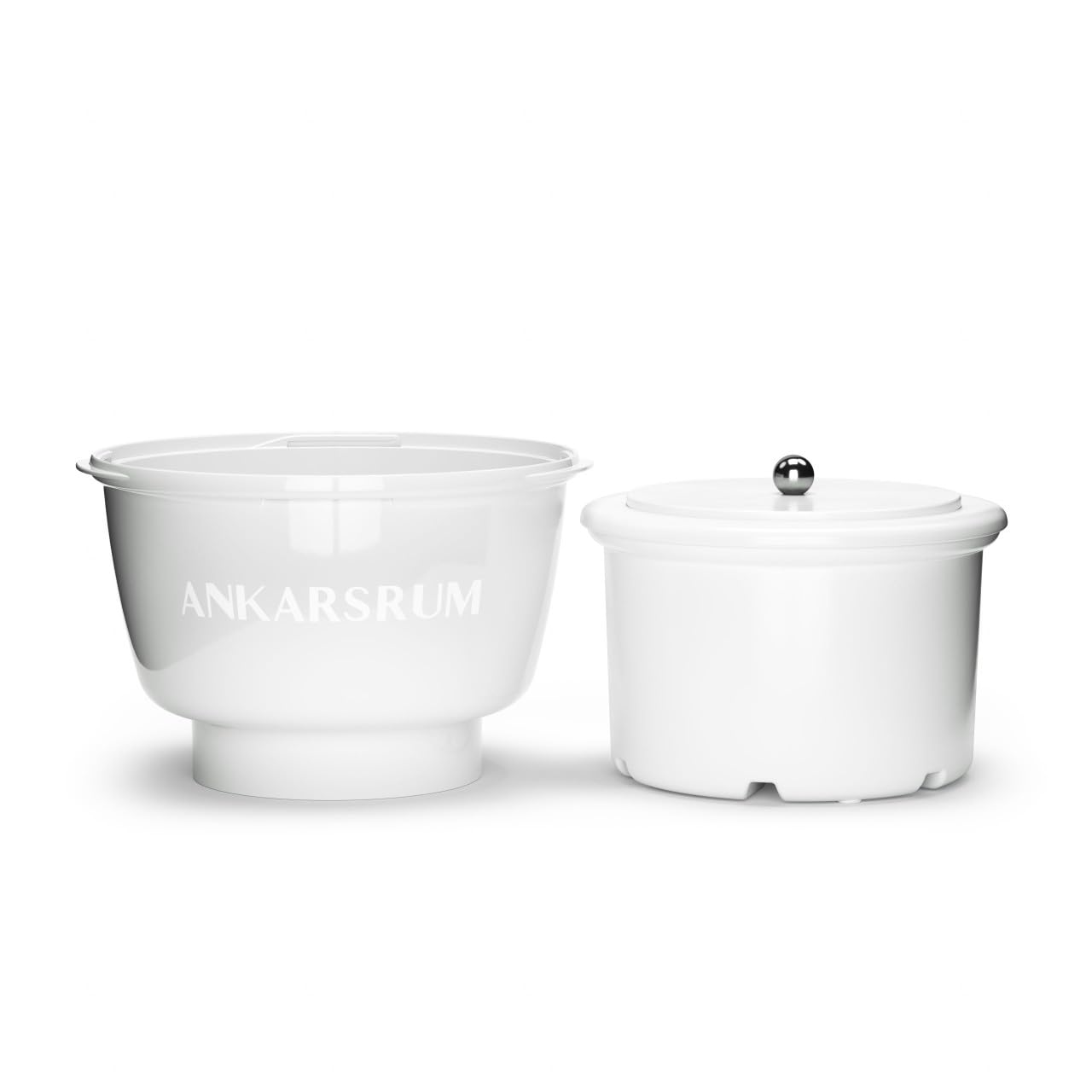 Two white kitchen containers with 'Ankarsrum' branding on a white background