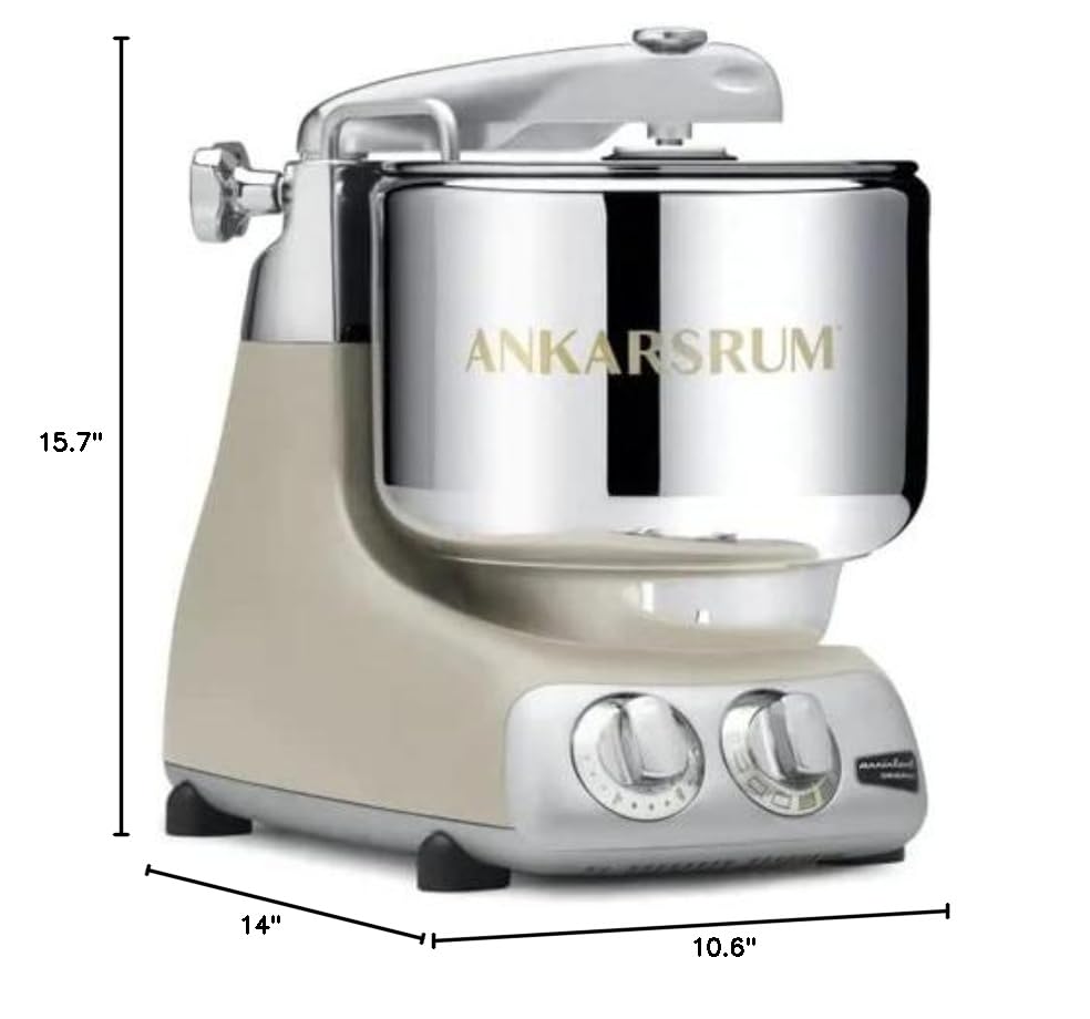 Ankarsrum harmony beige stand mixer with dimensions labeled on a white background
