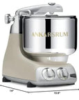 Ankarsrum harmony beige stand mixer with dimensions labeled on a white background