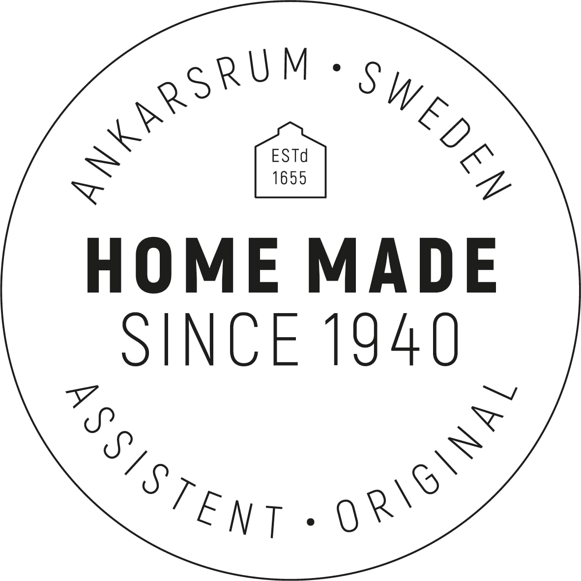 Circular logo with text 'Ankarsrum Sweden Home Made Since 1940' on a white background