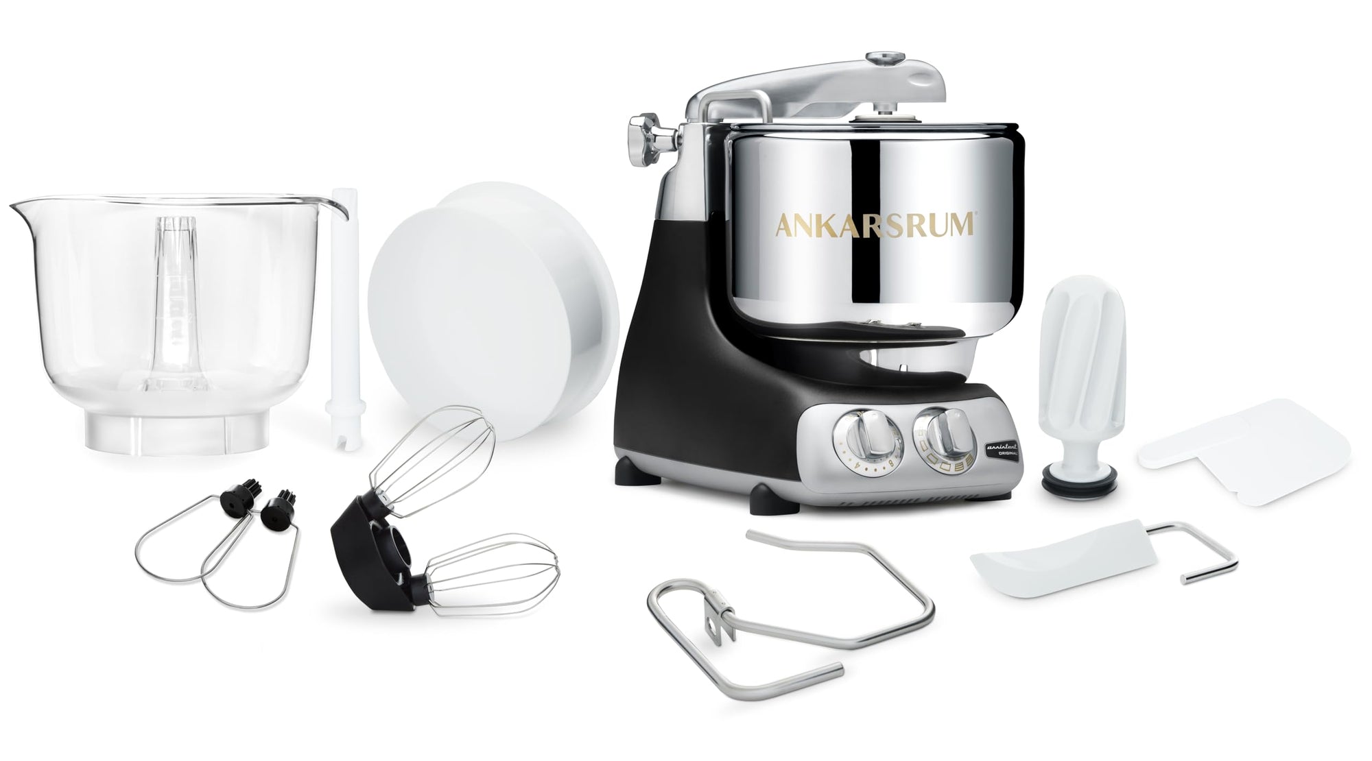 A black kitchen stand mixer with various attachments on a white background