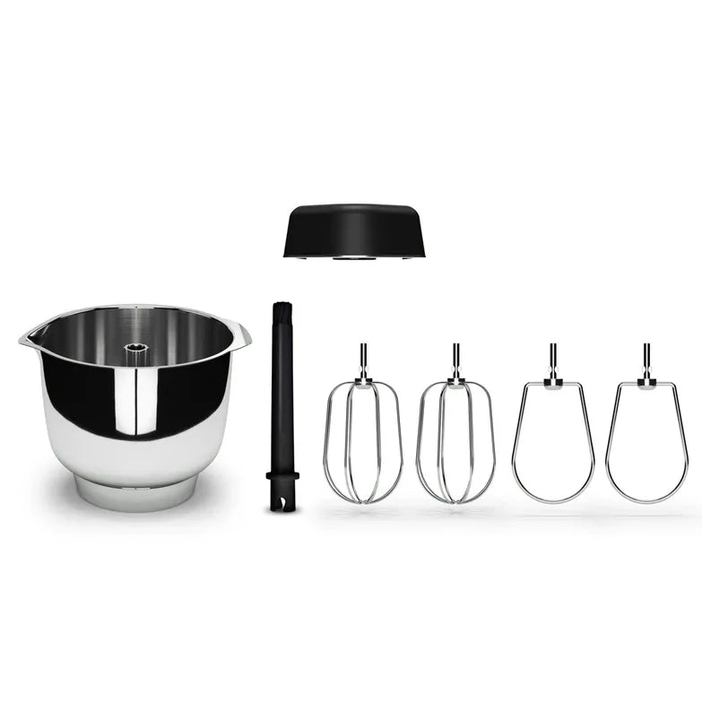 Set of kitchen mixing attachments including a bowl, whisk, and beaters on a white background