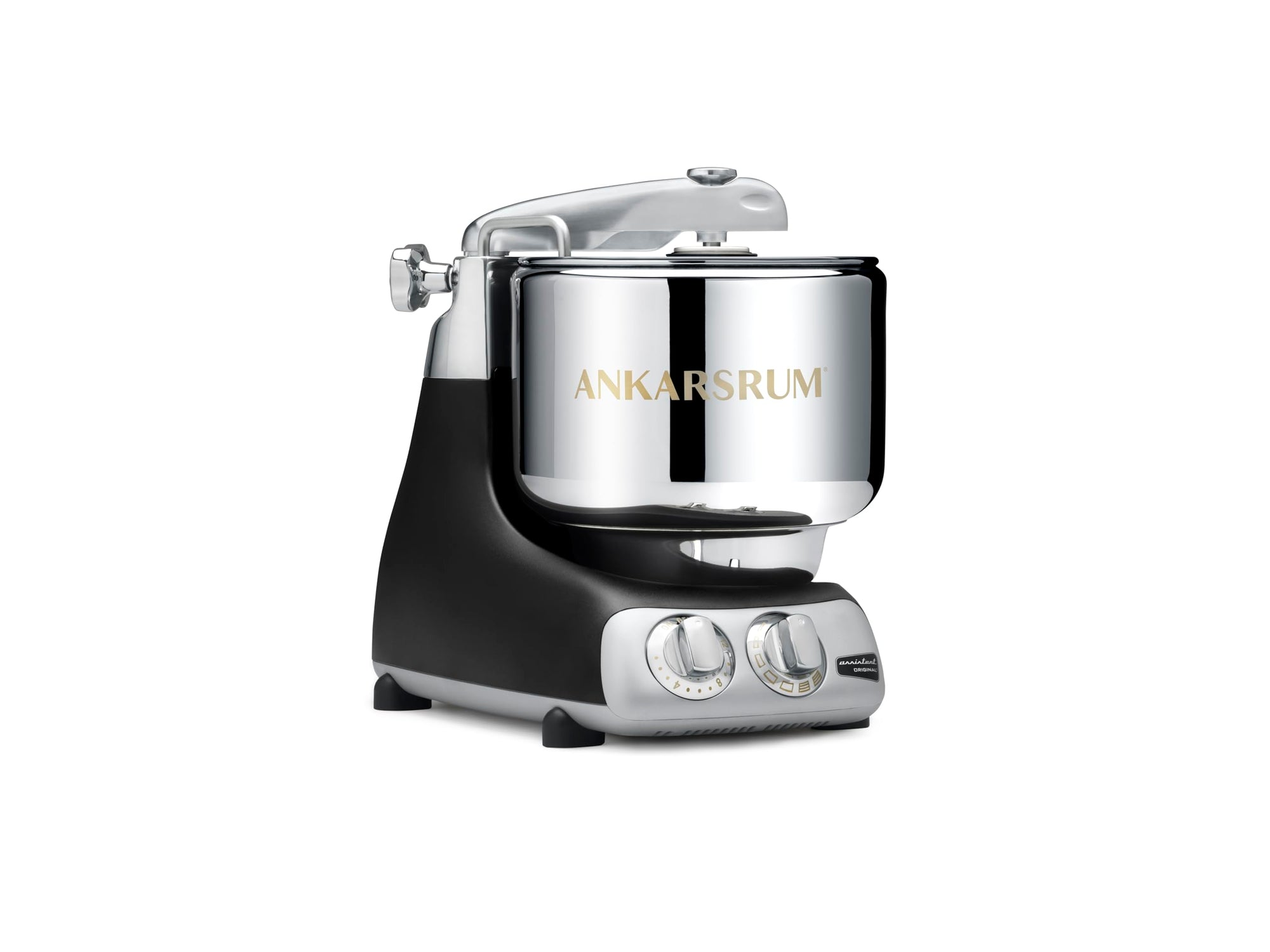 Ankarsrum black stand mixer on a white background