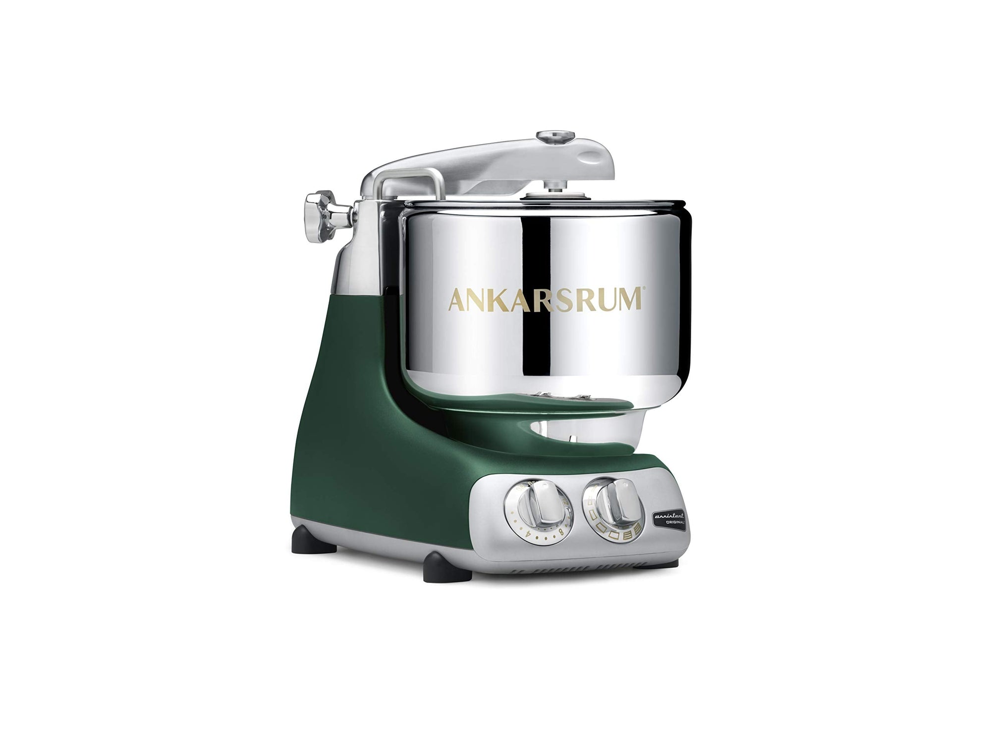 Ankarsrum forest green stand mixer on a white background