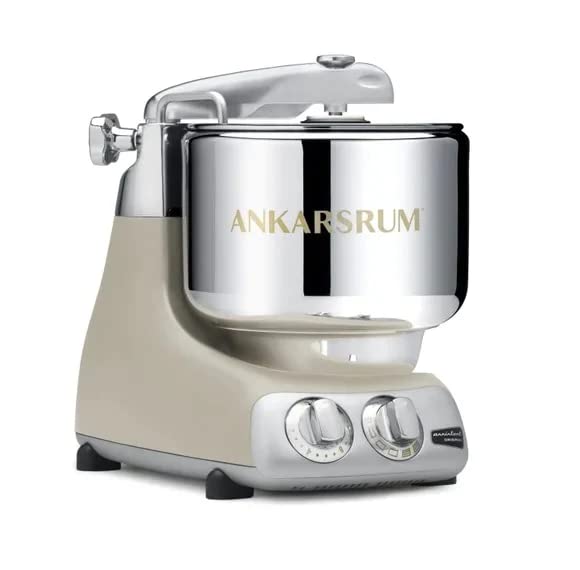 Ankarsrum stand mixer with beige base and silver bowl on a white background