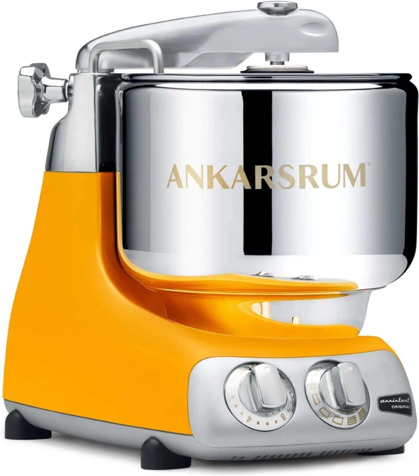 Ankarsrum sunbeam yellow stand mixer with yellow base and silver bowl on a white background
