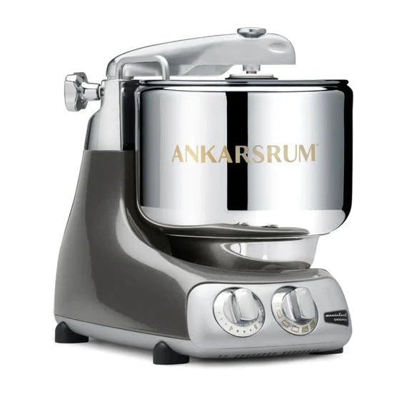 Ankarsrum black chrome stand mixer with metallic finish on a white background