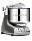 Ankarsrum black chrome stand mixer with metallic finish on a white background