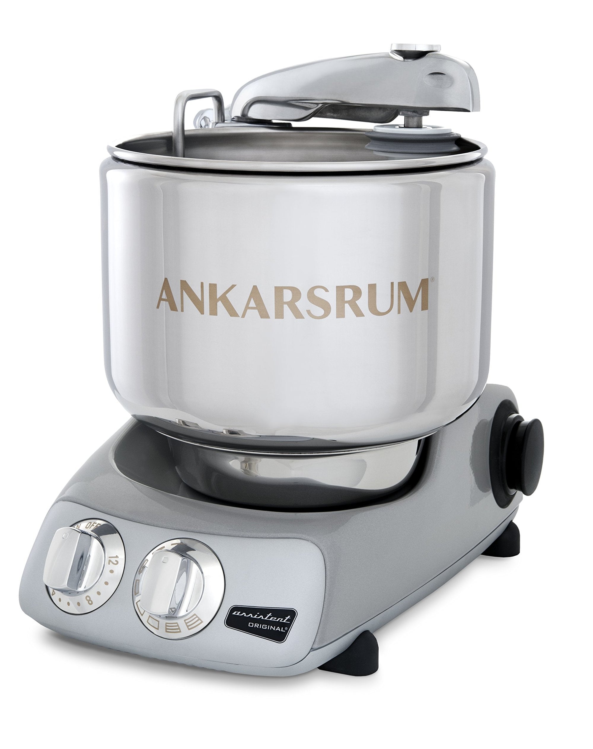 Ankarsrum jubilee silver stand mixer on a white background