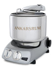 Ankarsrum jubilee silver stand mixer on a white background