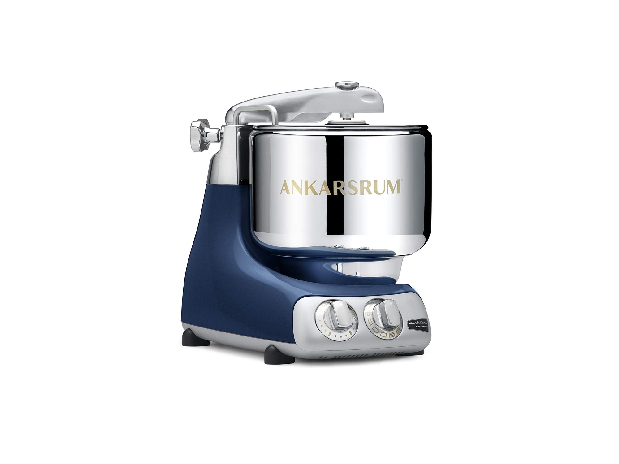 Ocean blue and silver kitchen mixer with 'Ankarsrum' branding on a white background