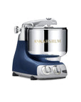 Ocean blue and silver kitchen mixer with 'Ankarsrum' branding on a white background