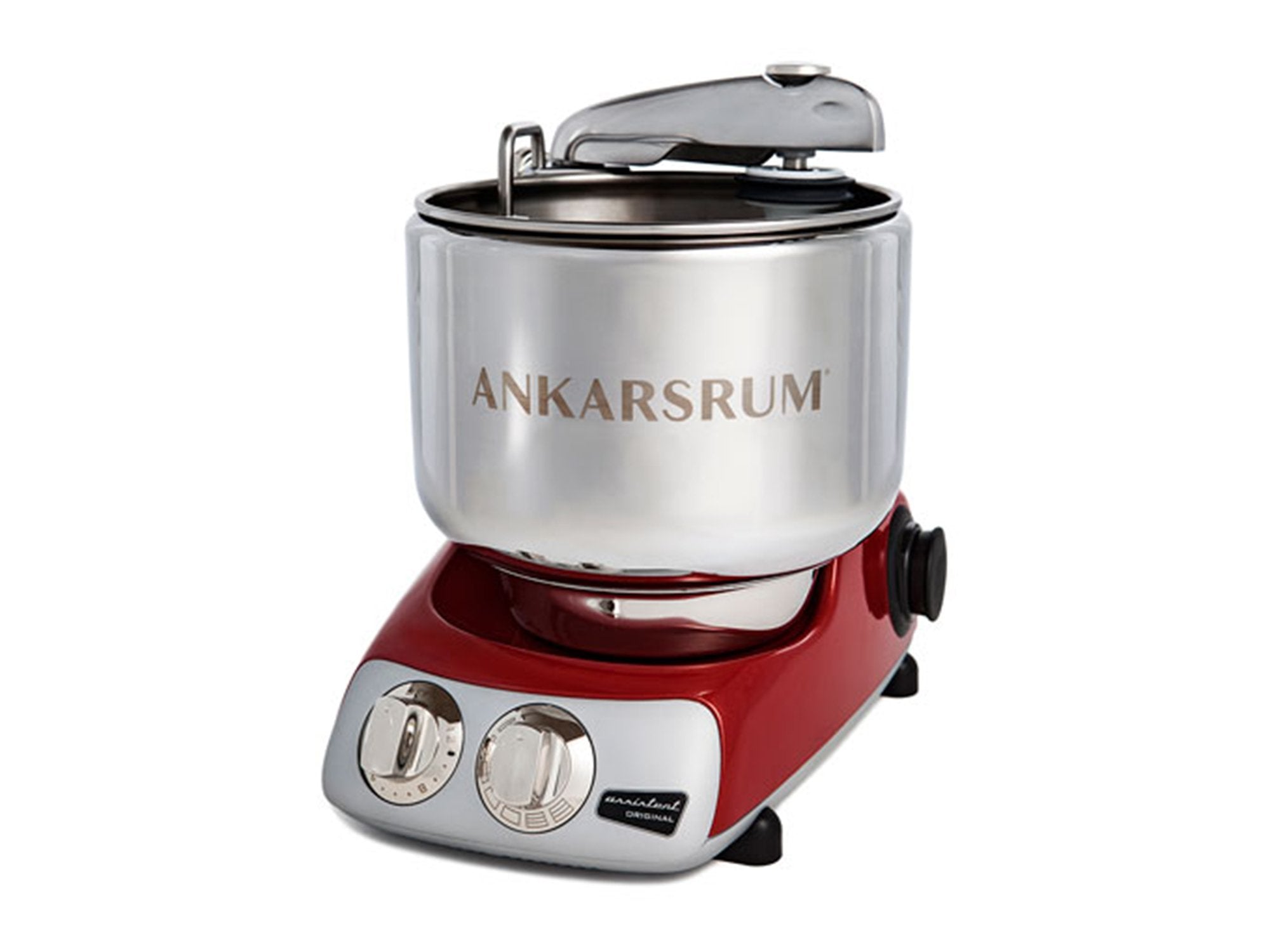Ankarsrum stand mixer with red base and silver bowl on a white background