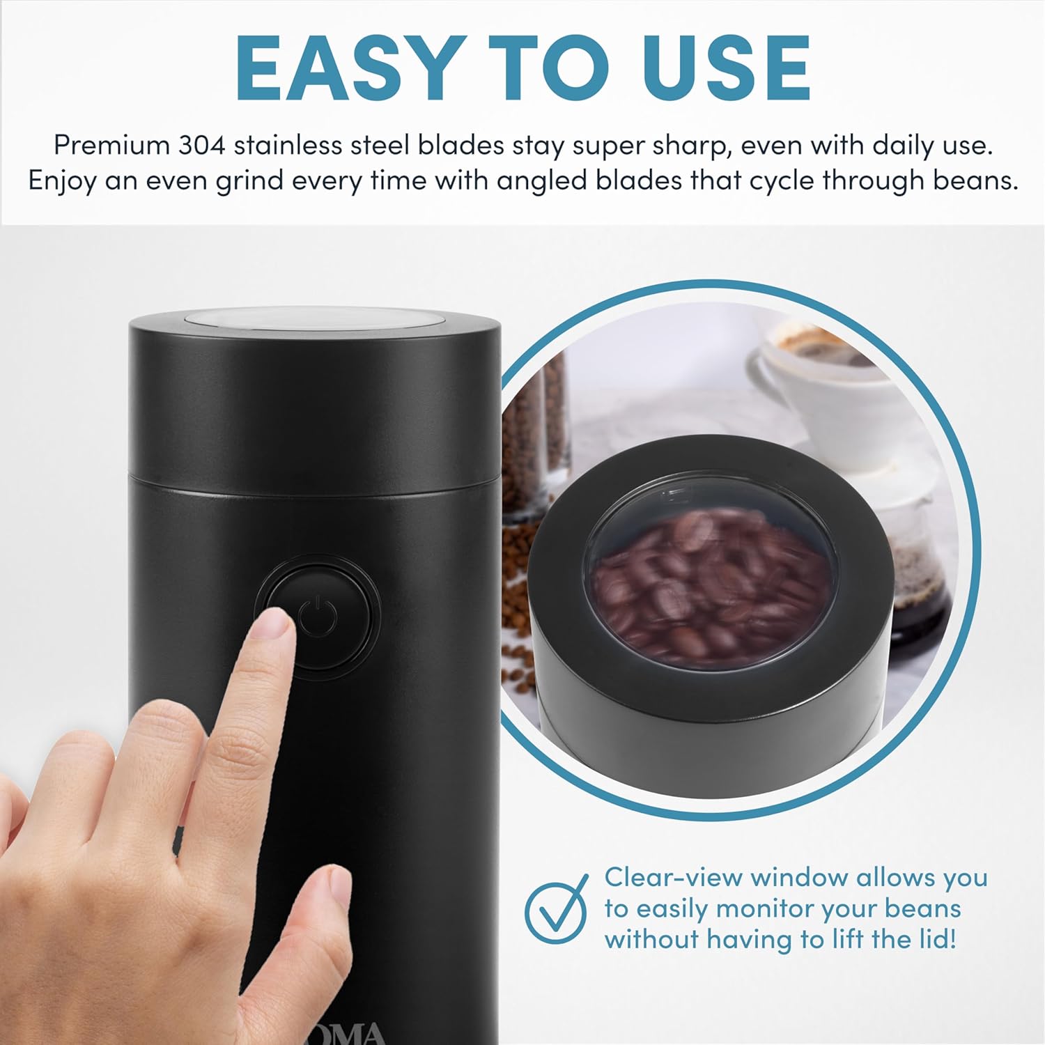 Black coffee grinder with text highlighting features on a white background