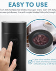 Black coffee grinder with text highlighting features on a white background