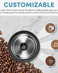Electric coffee grinder with coffee beans and customization options on a marble background