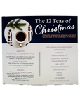 Box of 'The 12 Teas of Christmas' tea set with a cup and festive design.