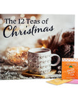 Box of 'The 12 Teas of Christmas' with a cup and tea bags on a white background