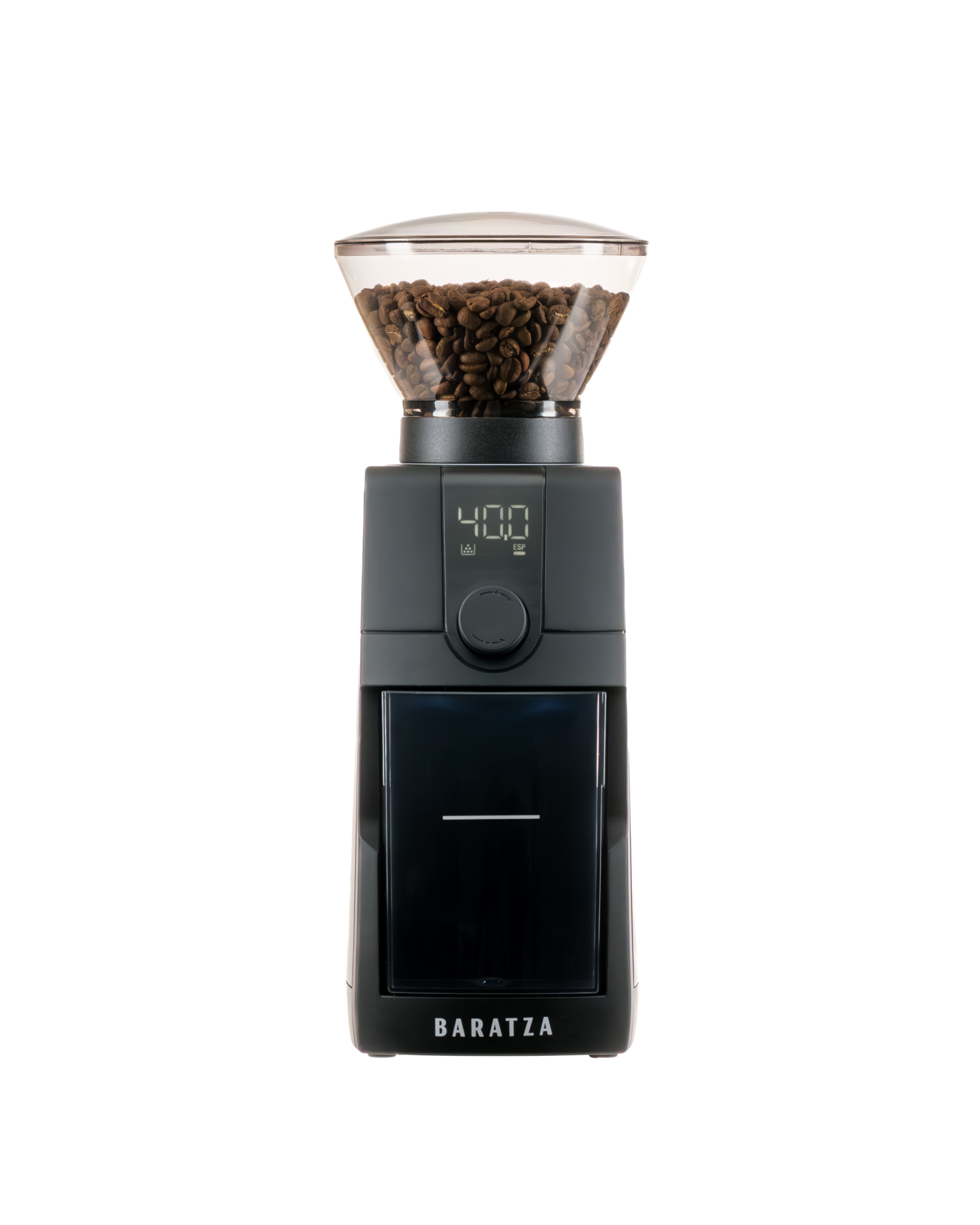 Black coffee grinder with a clear container showing ground coffee on a white background