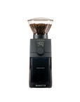 Black coffee grinder with a clear container showing ground coffee on a white background