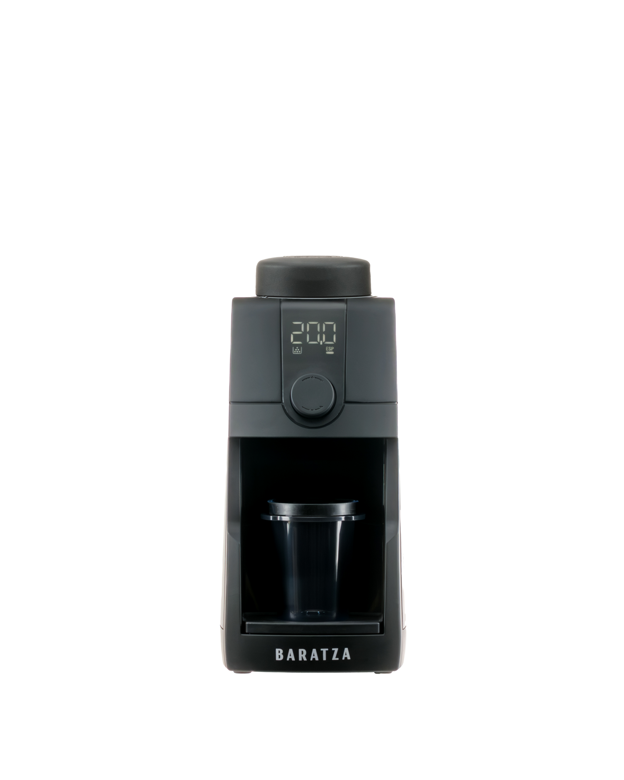 Black coffee grinder with digital display on a white background
