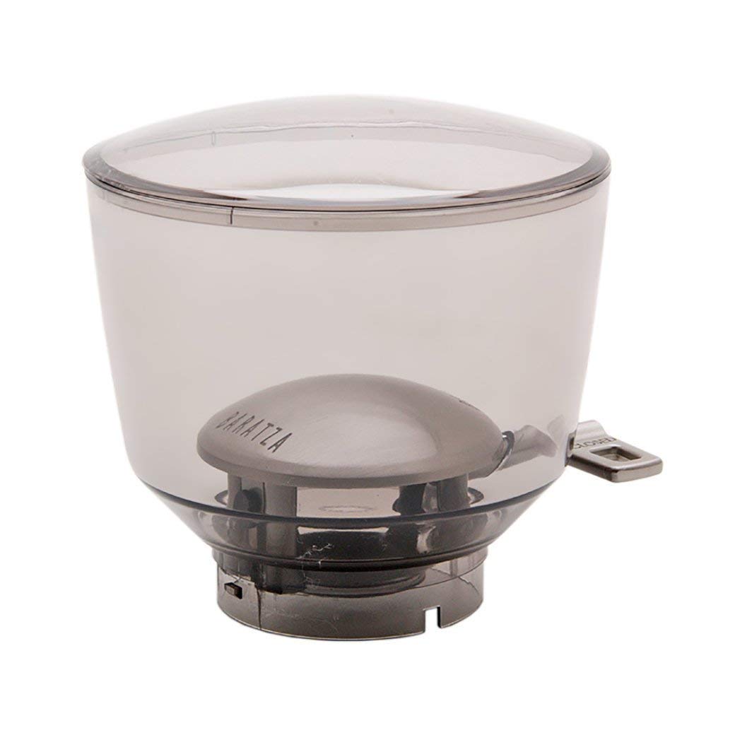 Clear plastic coffee filter with a metal base on a white background