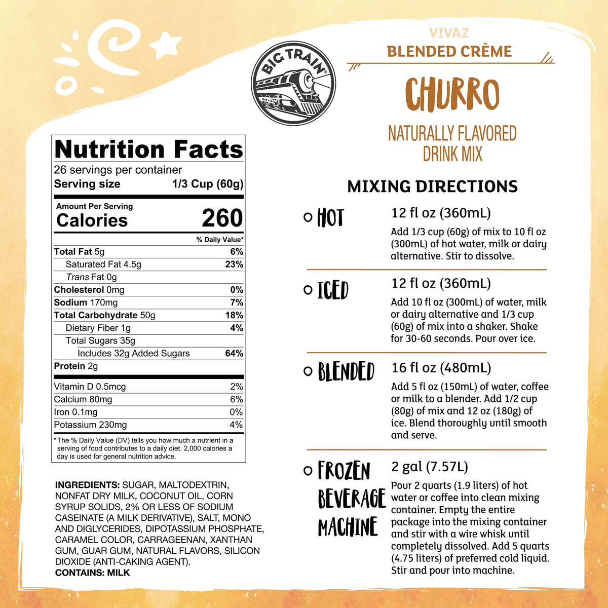 Back views of a Vivaz Blended Crème Churro milk beverage mixing directions and nutrition label, showing the product's serving size, calories, ingredients, and mixing directions for hot, iced, and blended milk.