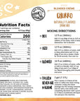Back views of a Vivaz Blended Crème Churro milk beverage mixing directions and nutrition label, showing the product's serving size, calories, ingredients, and mixing directions for hot, iced, and blended milk.