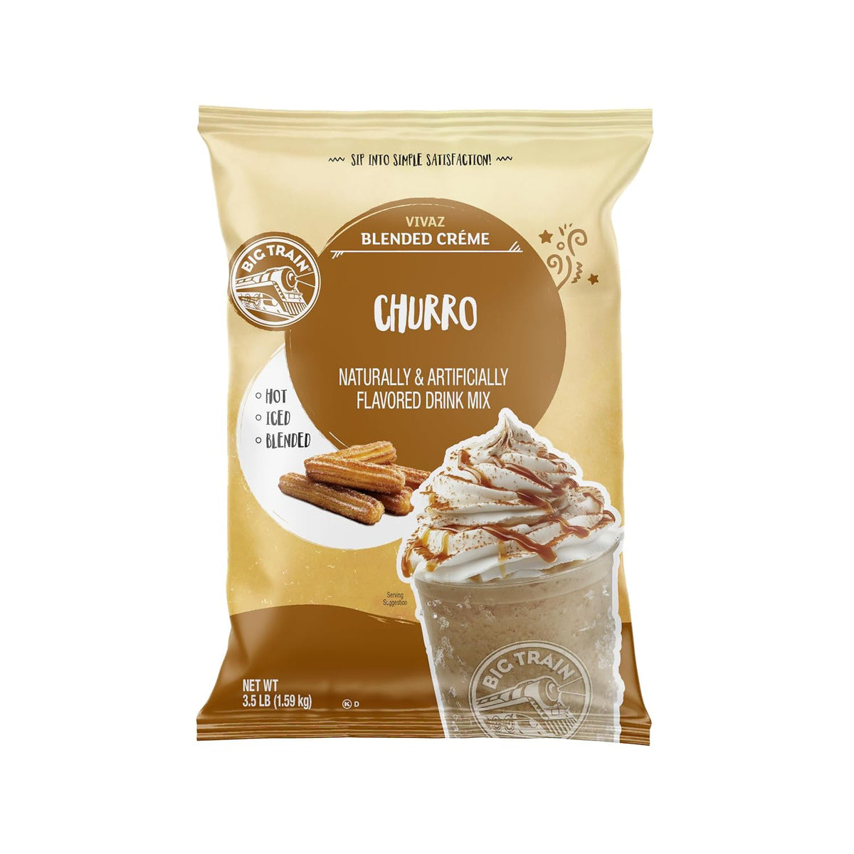 A 3.5 lb bag of Churro Blended Crème drink mix, featuring a golden-beige and brown package design with an illustration of a whipped cream drink topped with churro.