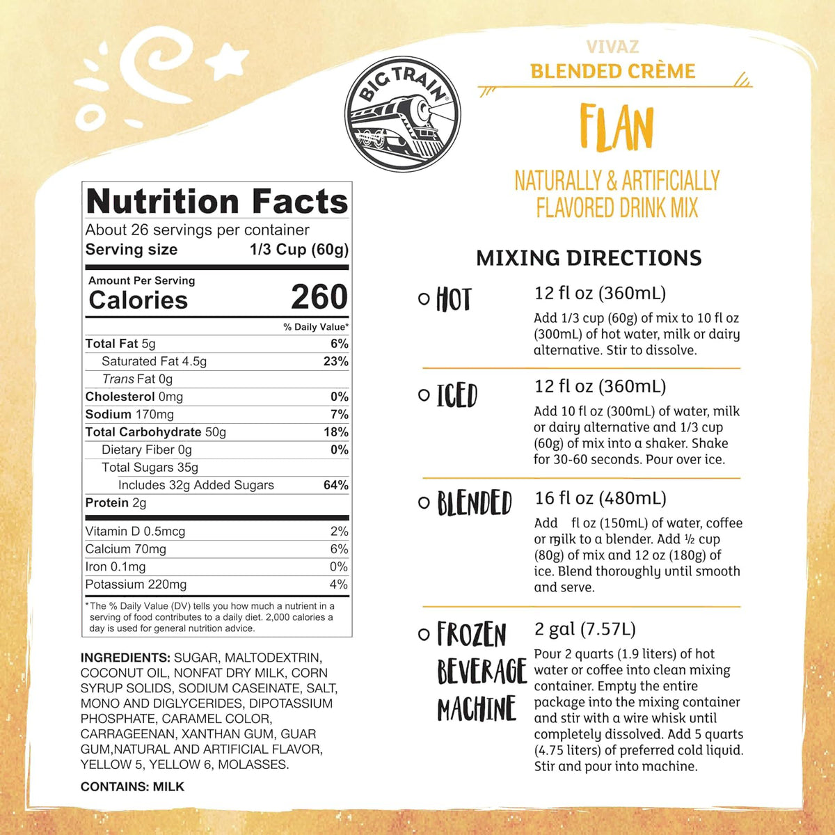 Back views of a Vivaz Blended Crème Flan milk beverage mixing directions and nutrition label, showing the product's serving size, calories, ingredients, and mixing directions for hot, iced, and blended milk.