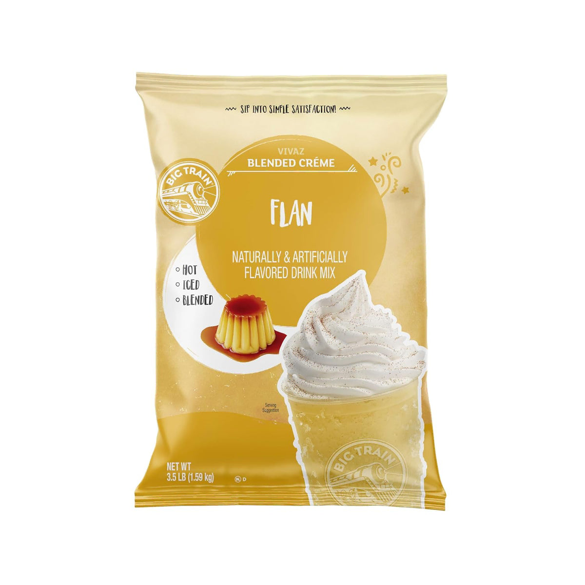 A 3.5 lb bag of Vivaz Blended Crème Flan drink mix, featuring a golden-yellow package with a vanilla ice cream cone and flan dessert illustration on a white background.