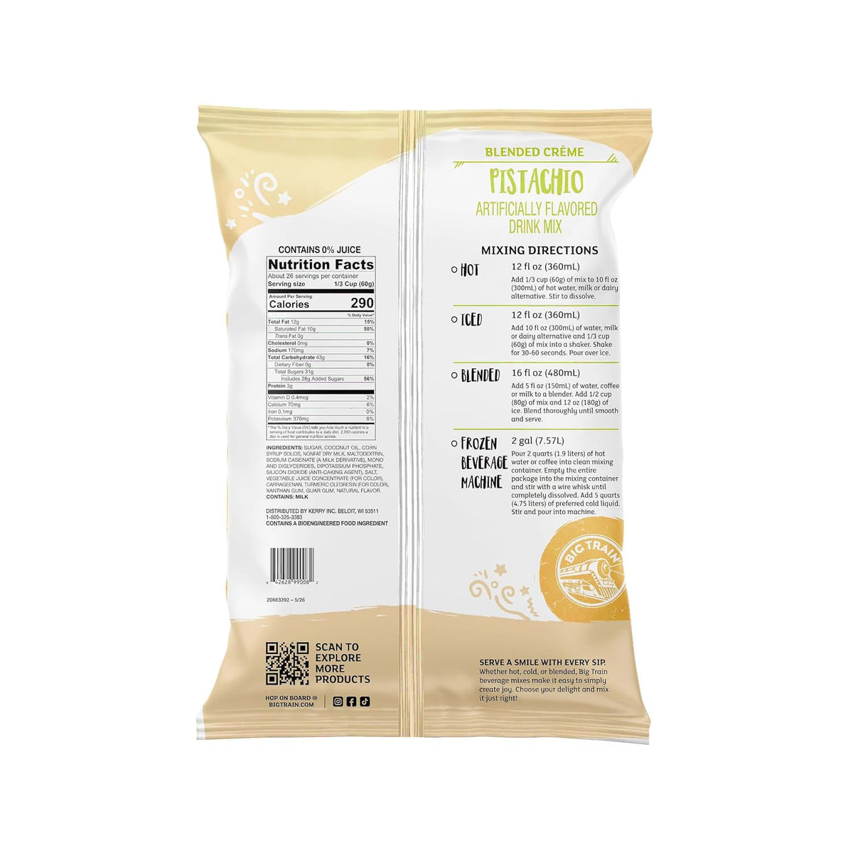 Back view of a 3.5 lb bag of Blended Creme Pistachio Flavored Drink Mix, showing product details, nutrition facts, mixing directions, and a circular gold seal on a white background.