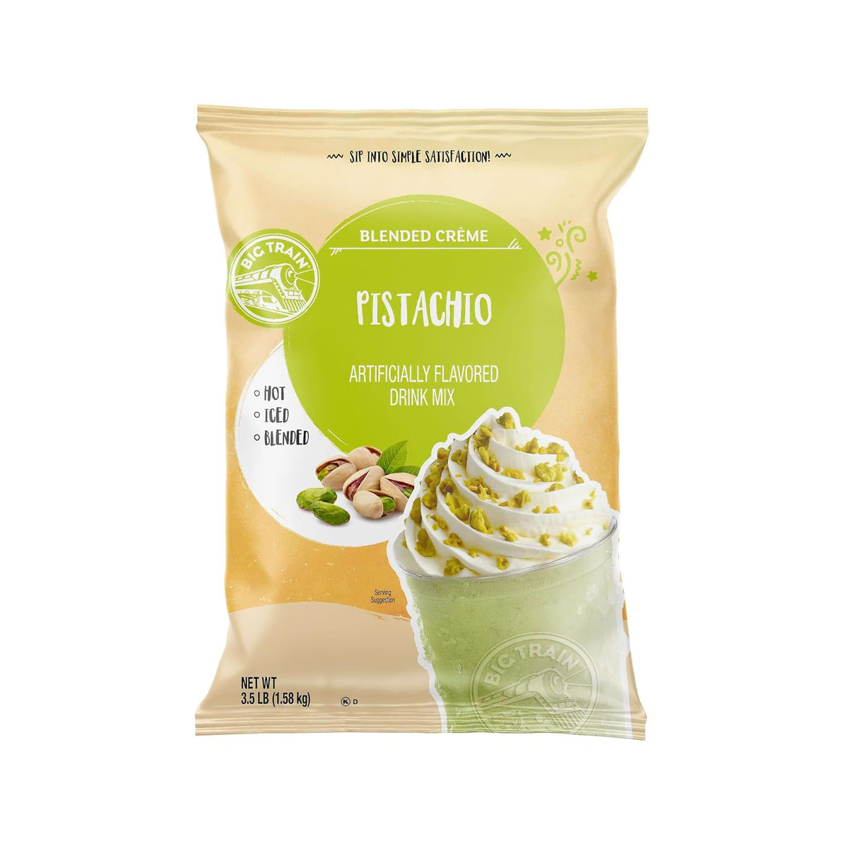 A 3.5 lb bag of Big Train Pistachio Blended Crème Artifically Flavored Drink Mix, featuring a beige and green package design with a pistachio-flavored drink illustration.