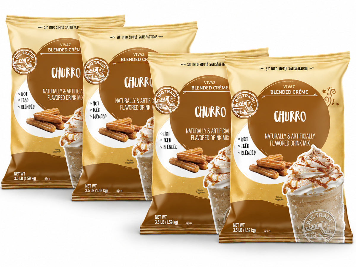 Four bags of Vivaz Blended Creme Churro Flavored Drink Mix arranged in a fan shape on a white background.