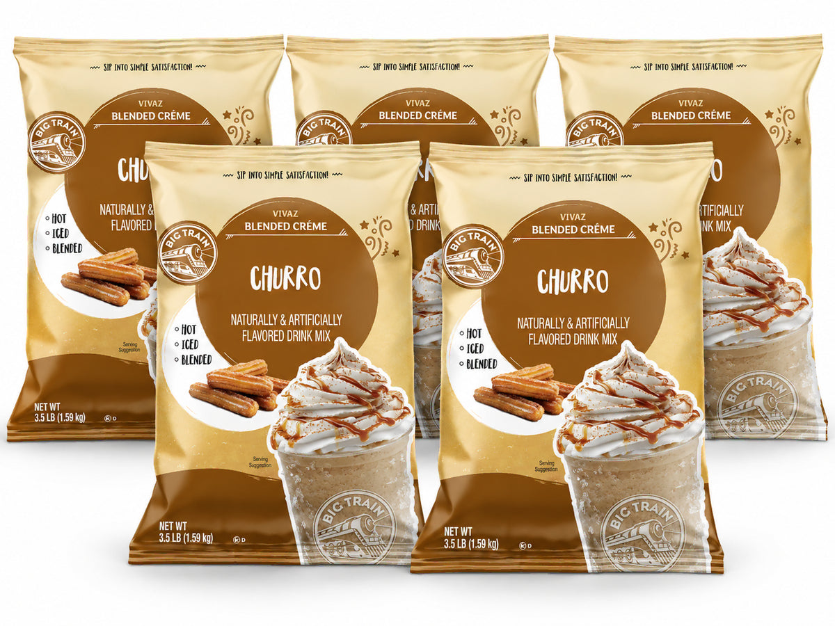Five bags of Vivaz Blended Crème Churro flavored drink mix arranged in two rows against a plain white background.