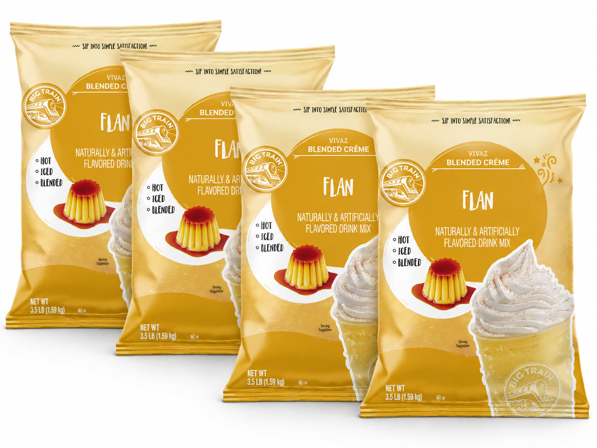 Four bags of Vivaz Blended Crème Flàn dessert mix arranged in a fan shape on a white background, showing the golden-yellow packaging with images of a flan dessert and a whipped cream cup.