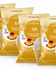 Four bags of Vivaz Blended Crème Flàn dessert mix arranged in a fan shape on a white background, showing the golden-yellow packaging with images of a flan dessert and a whipped cream cup.