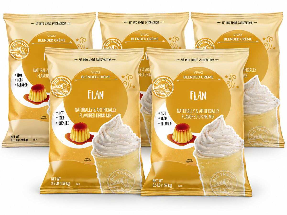 Five bags of Vivaz Blended Crème Flàn blended cream drink mix arranged in two rows on a white background. The front two bags are in sharp focus, while the remaining four are slightly blurred in the background.