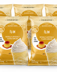 Five bags of Vivaz Blended Crème Flàn blended cream drink mix arranged in two rows on a white background. The front two bags are in sharp focus, while the remaining four are slightly blurred in the background.