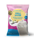 Vanilla smoothie drink mix package with pink and blue design on a white background