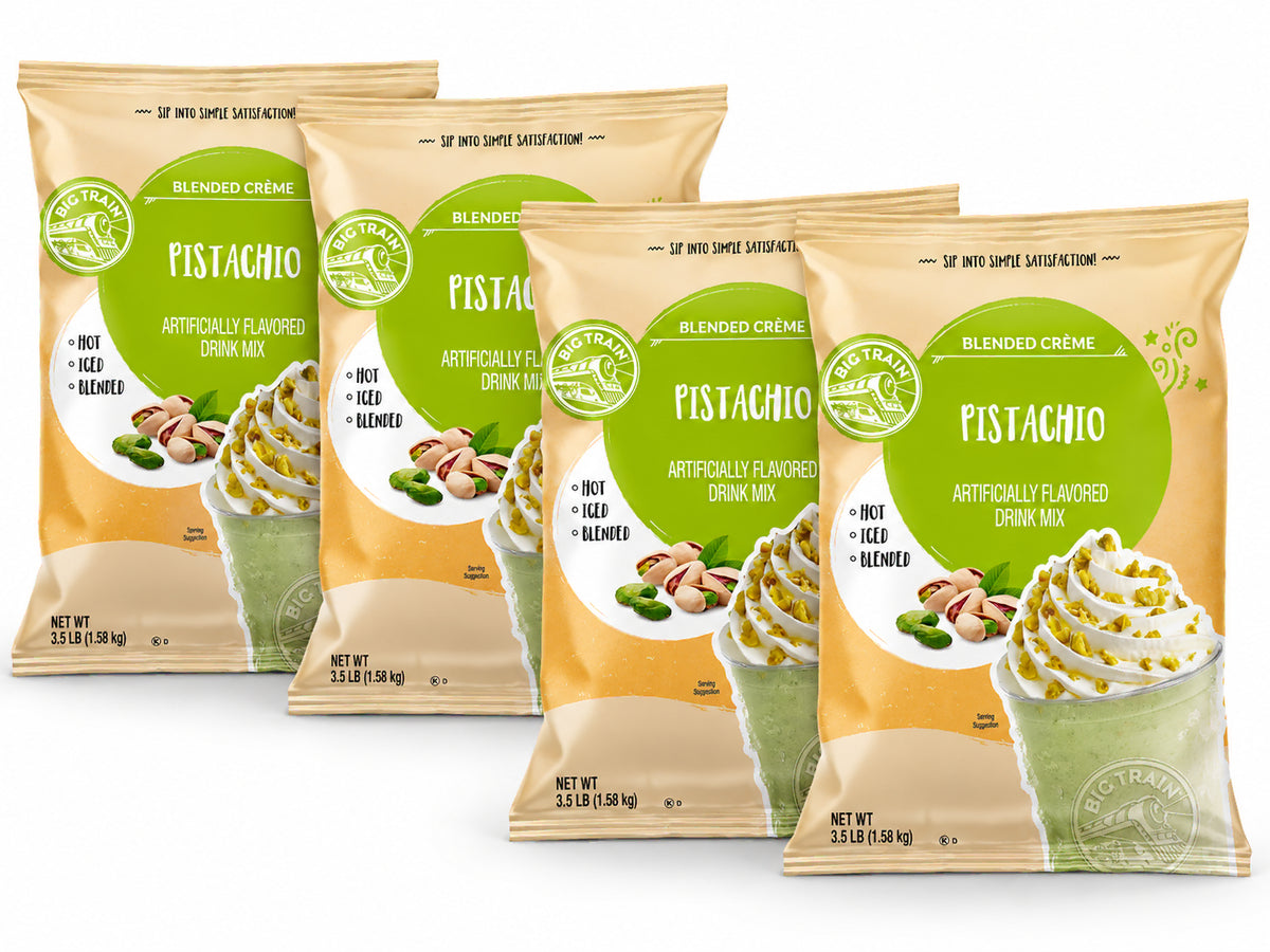 Four bags of Pistachio Artificially Flavored Drink Mix arranged in a fan shape on a white background.