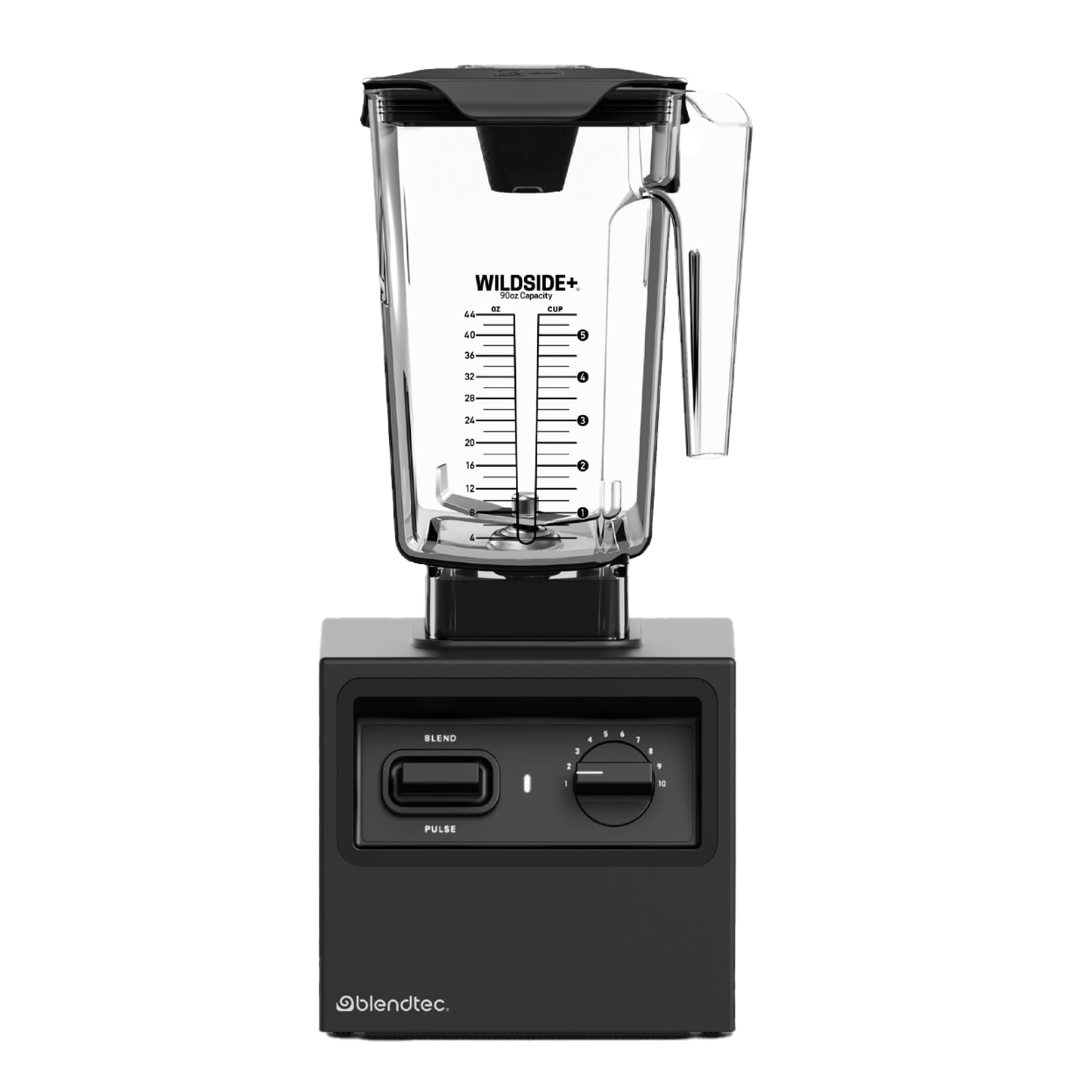 Black Blendtec blender with clear container on a white background