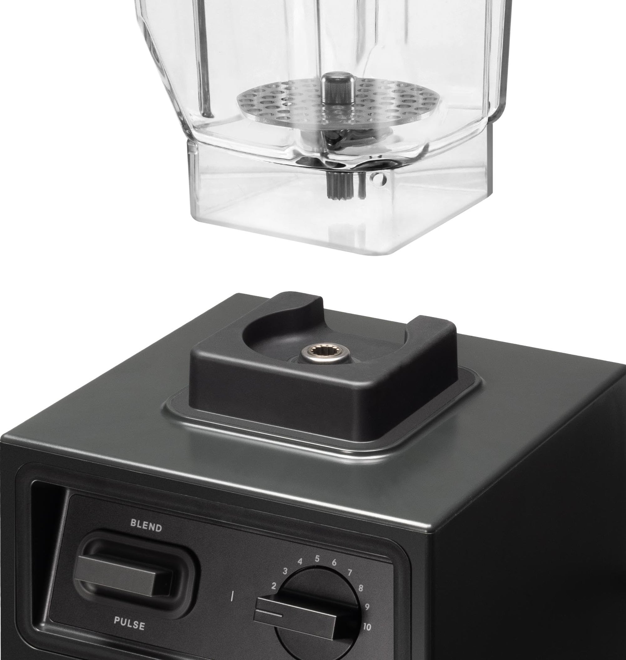 Black blender base with clear container on a white background