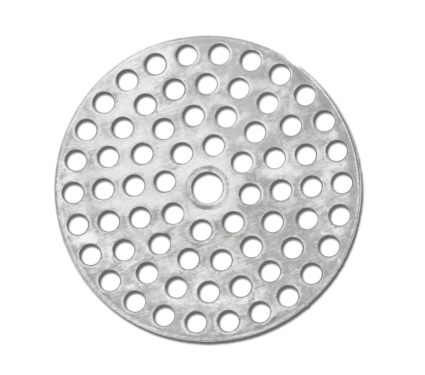 Metal grinder plate with circular holes on a white background
