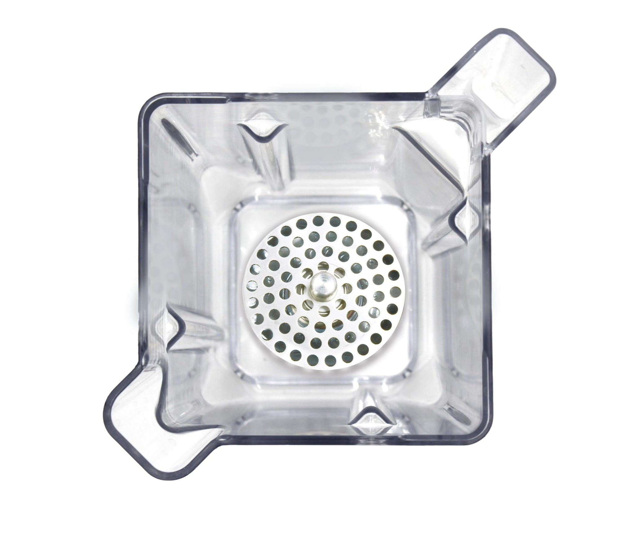 Top view of clear plastic blender jar with metal blade on a white background