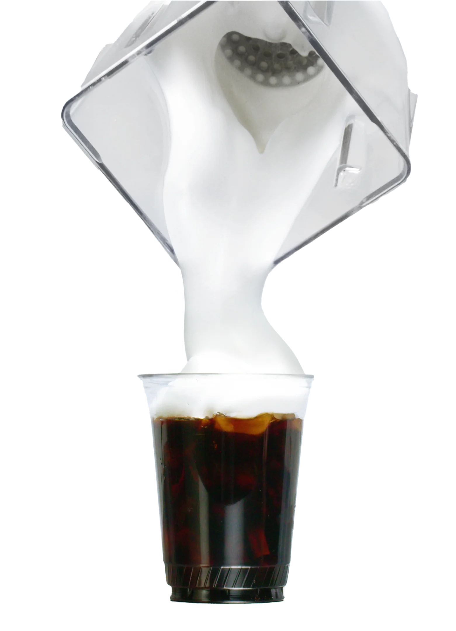 White coffee maker pouring liquid into a glass of coffee on a white background