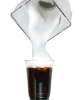 White coffee maker pouring liquid into a glass of coffee on a white background